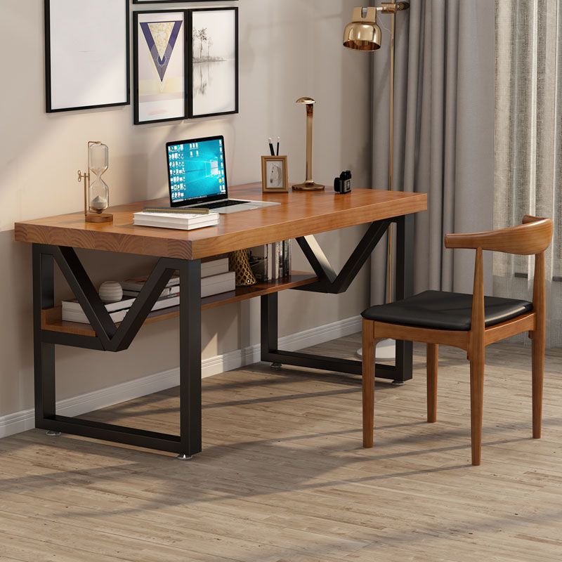 Wooden Rectangular Office Desk Brown Home Writing Desk with Shelf with Metal Legs