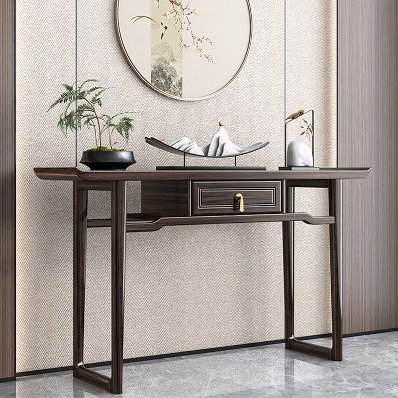 Rectangle Contemporary Console Table Brown Stone Console Sofa Table with 1 Drawer