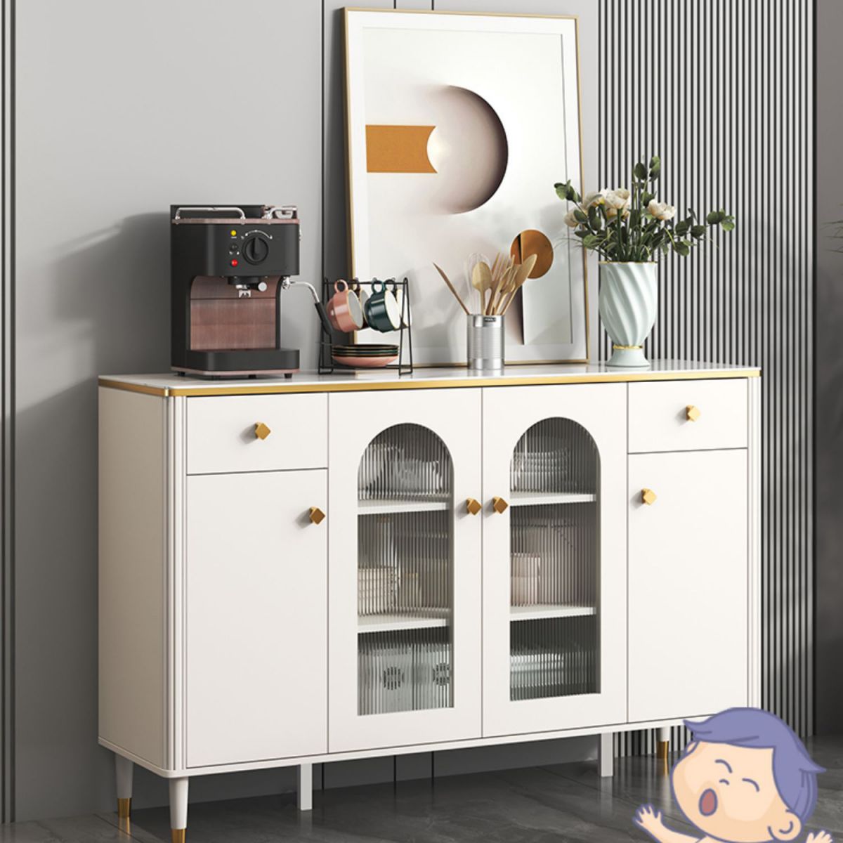 Scheda laterale Glam Sideboard Stone Glass con armadi e cassetti