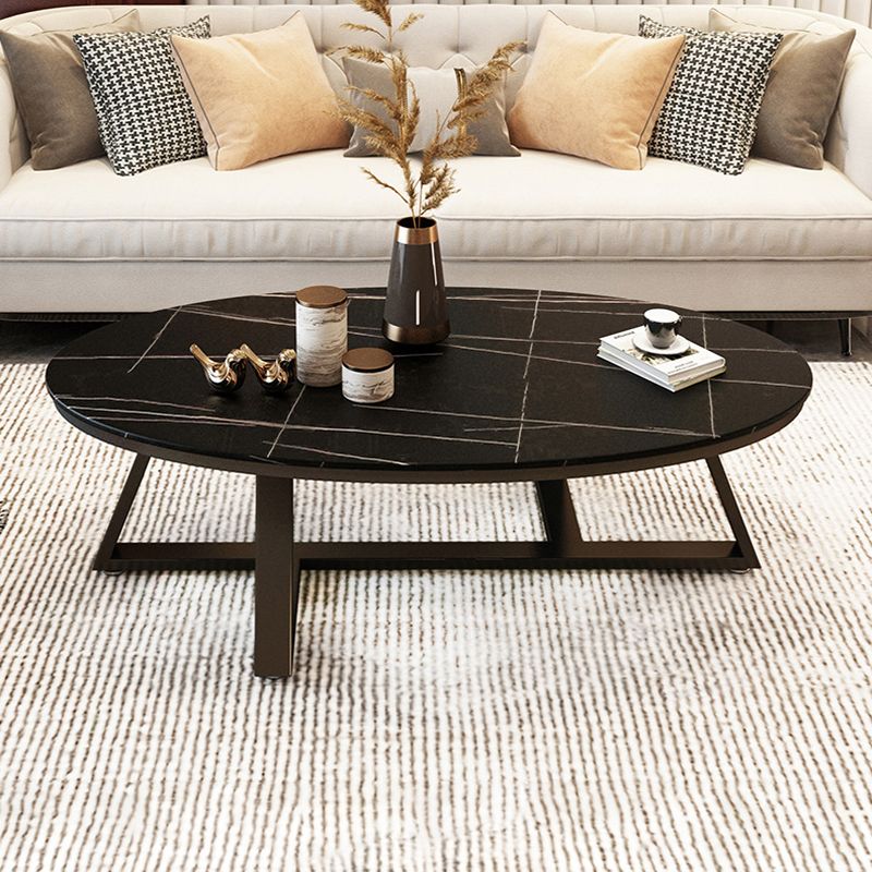 Cross Legs Coffee Table with Stone Oval Top and Iron Base Cocktail Table Clearhalo 'Coffee & Accent Tables' 'Coffee Tables' 'coffee_tables' 'furn' 'furn_coffee_tables' 'Furniture' 'Living Room Furniture' 1200x1200_d7646cfd-1a3f-4fea-986a-dd712c825655