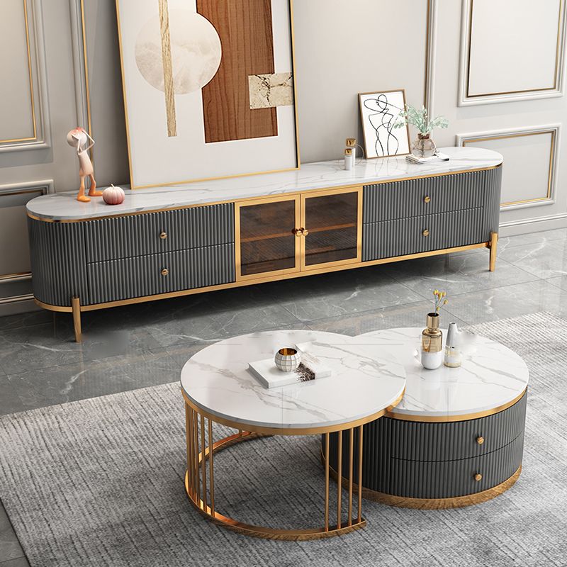 Glam Stone Top 4-Drawer TV Stand White/ Gray TV Console with Glass Doors Clearhalo 'furn' 'furn_tv_stands_entertainment_centers' 'Furniture' 'Living Room Furniture' 'TV Stands & Entertainment Centers' 'TV Stands & Media Storage Furniture' 'tv_stands_entertainment_centers' 1200x1200_d76c8491-a25c-4472-84d3-3a8383dd2172