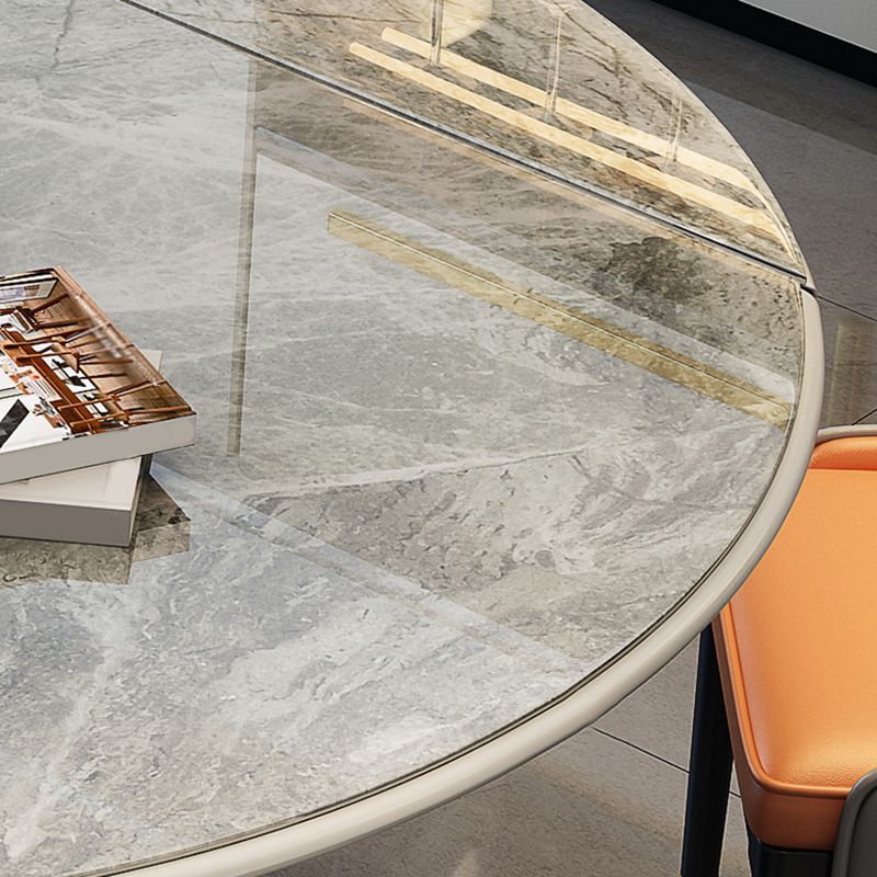 Modern Extendable Dining Table Grey Round Stone Tabletop with Storage