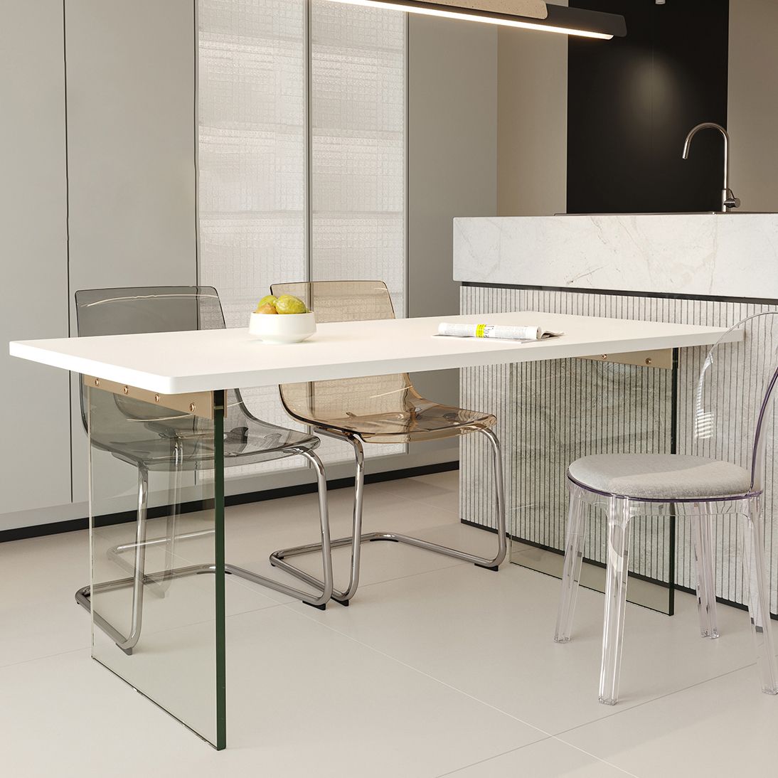Rectangular Dining Table Modern Wood Tabletop with Acrylic Double Pedestal Base