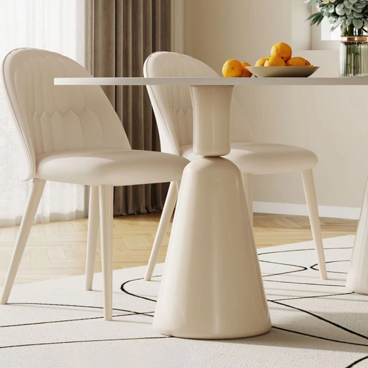 Contemporary Oval Stone Top Dining Table with White Steel Double Pedestal Base