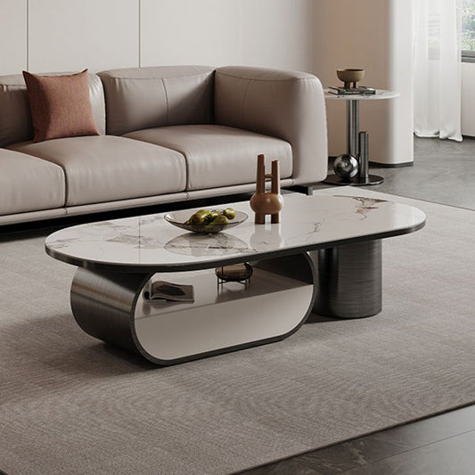 楕円形のスレートトップコーヒーテーブル1-棚グラムカクテルテーブル付きカクテルテーブル - 引き出し