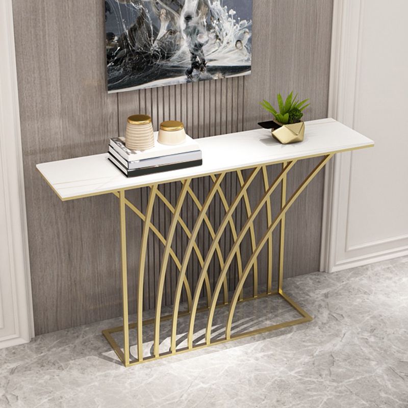 Glam Style Rectangle Top Accent Table with Abstract Iron Base for Hall