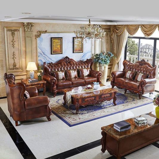 茶色の枕が付いた伝統的な房状のスプリットバック座席フレアアームソファ