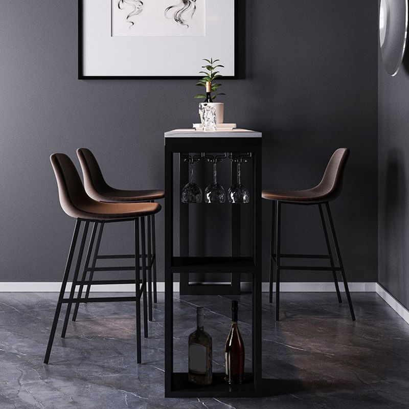 Mesa de bar de piedra sinterizada industrial, mesa de bar con base metálica rectangular, con almacenamiento
