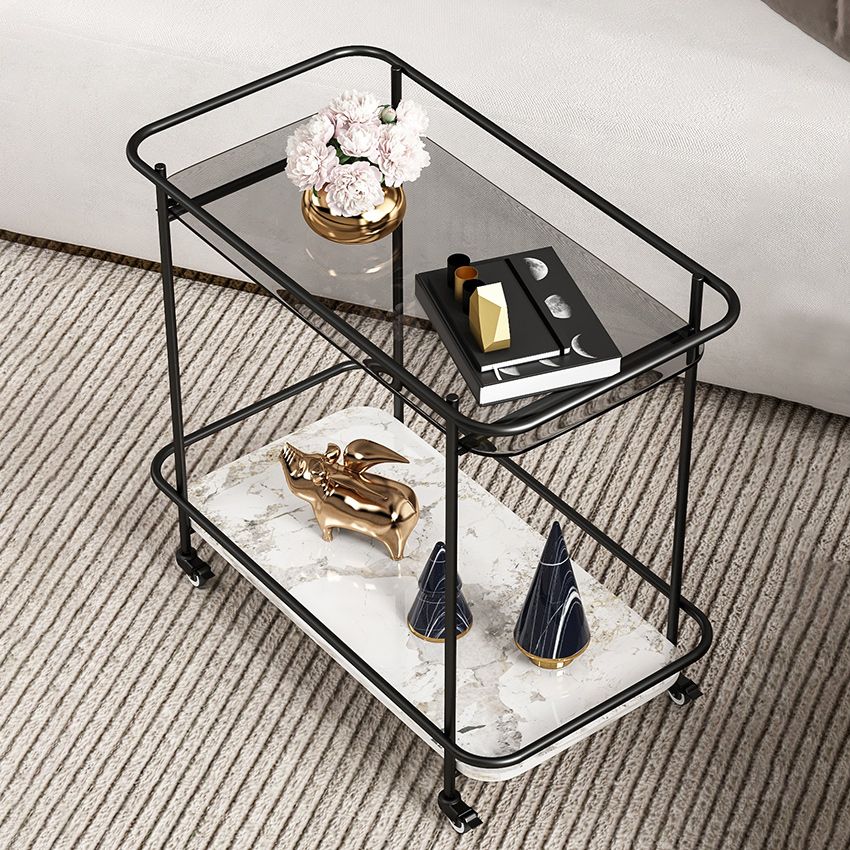Contemporary Rectangular Side Table with Shelf, Glass Top Corner Table
