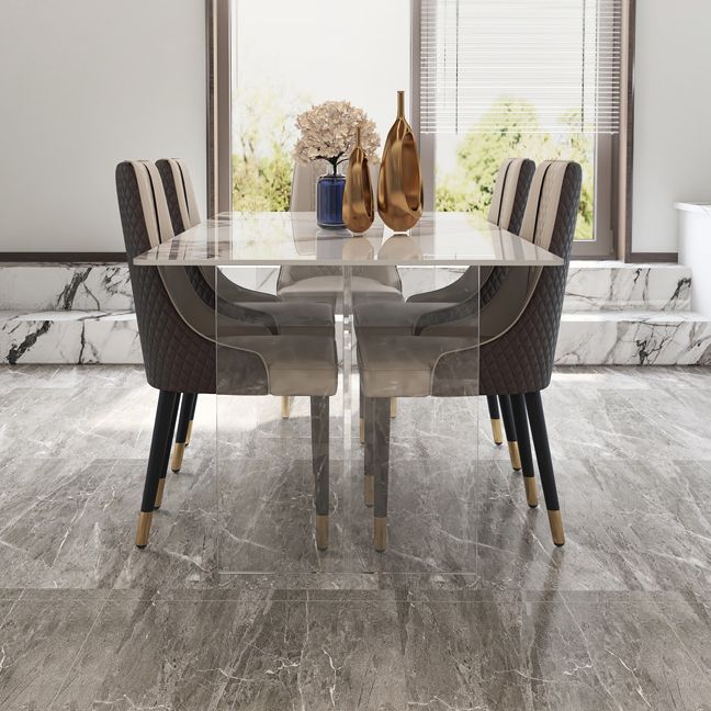 Mesa de comedor de piedra sinterizada moderna mesa de doble pedestal con base acrílica para el hogar