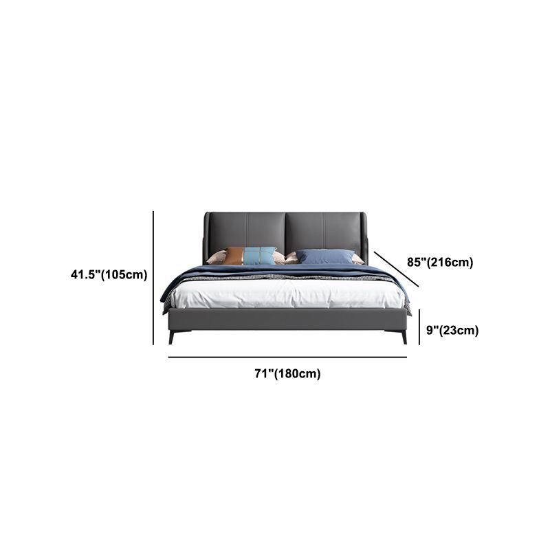 Grey Pine Wood Panel Bed Leather Bed Frame with Upholstered Headboard