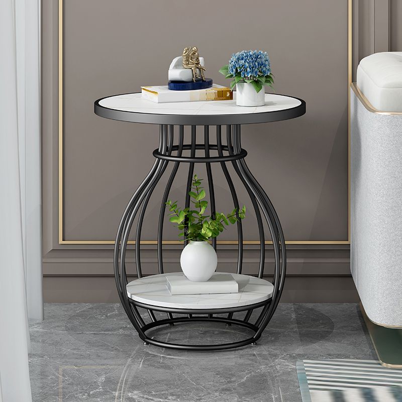 Modern Round Slate Top Side Table Steel Frame End Table with Shelf