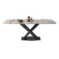 Mesa de comedor de piedra gris rectangular moderna con base de pedestal negro