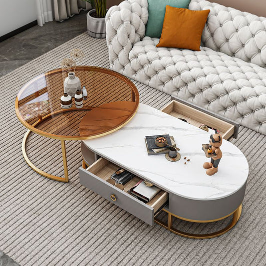 Oval Glass & Slate Coffee Table Set Frame Cocktail Table with Drawers Clearhalo 'Coffee & Accent Tables' 'Coffee Tables' 'coffee_tables' 'furn' 'furn_coffee_tables' 'Furniture' 'Living Room Furniture' 1200x1200_d850352d-6c07-401d-a660-9b005a3001b5