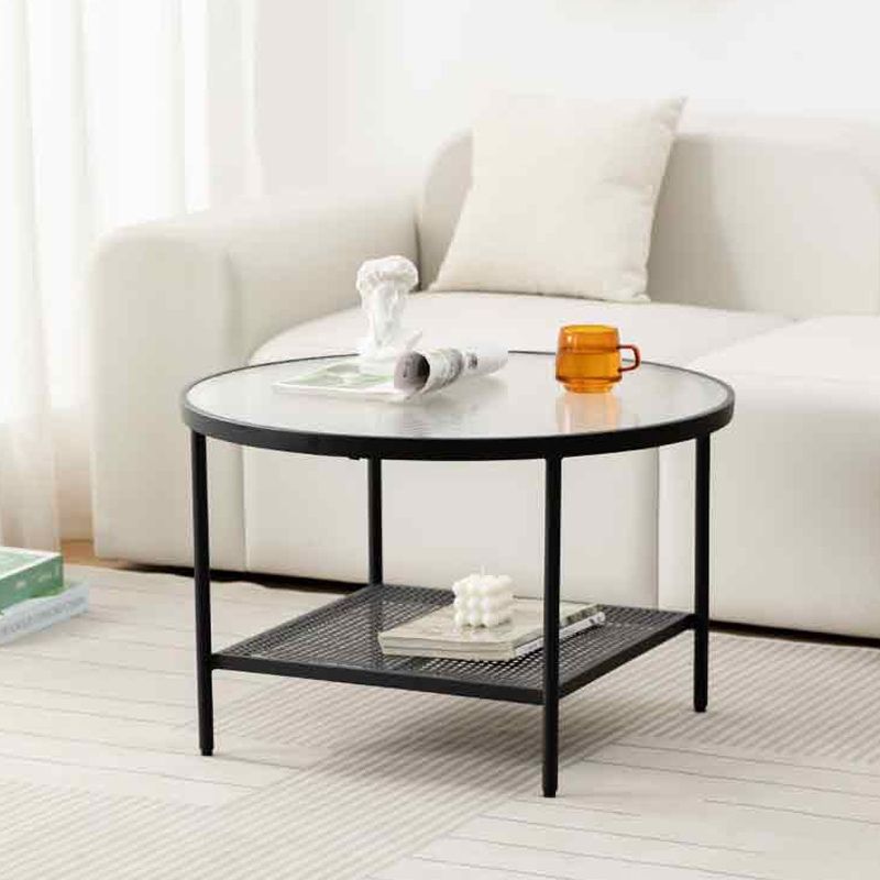 Modern 17.7"H Round Glass Cocktail Table Iron 4 Legs Coffee Table with Shelf Clearhalo 'Coffee & Accent Tables' 'Coffee Tables' 'coffee_tables' 'furn' 'furn_coffee_tables' 'Furniture' 'Living Room Furniture' 1200x1200_d853f585-053d-4361-9b27-ee73b84f9672