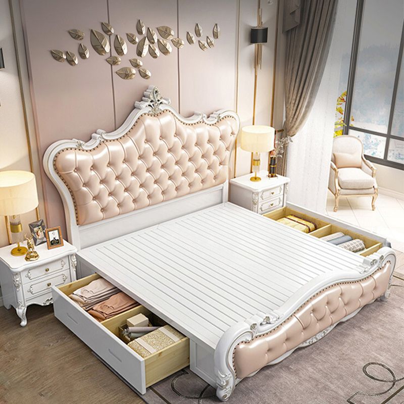 84.65 inch Wide Victorian Bed Frame Rubberwood Bed with Upholstered Headboard