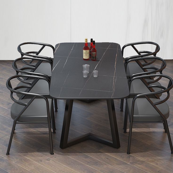 Industrial Style Dining Table Rectangle Sintered Stone Black Table with Metal Base Clearhalo 'Dining Tables & Seating' 'Dining Tables' 'dining_table' 'furn' 'furn_dining_table' 'Furniture' 'Kitchen & Dining Furniture' 1200x1200_d8769bbb-7577-45ca-aa8d-09a5535b0eac