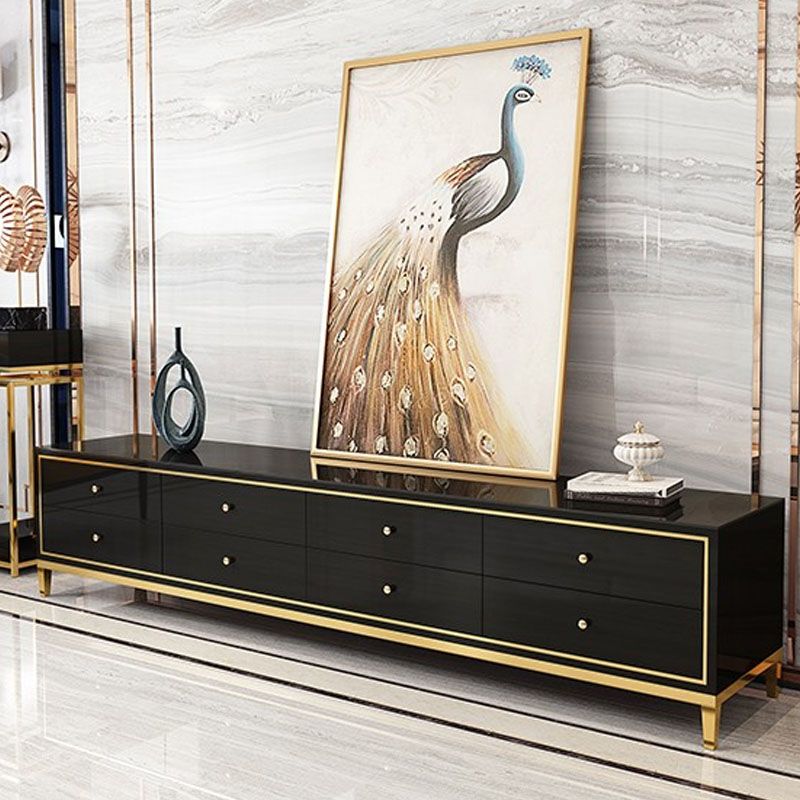 Glam Glossy TV Console Stainless Steel Frame Glass Top TV Stand with Drawers