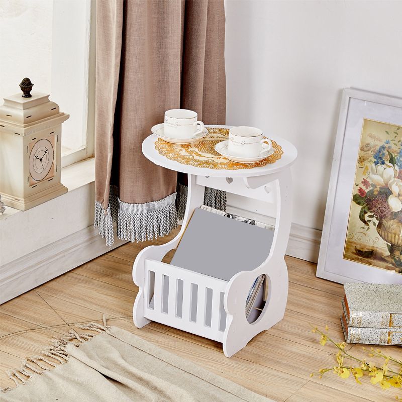 Contemporary Round & Rectangular End Table in White with Storage