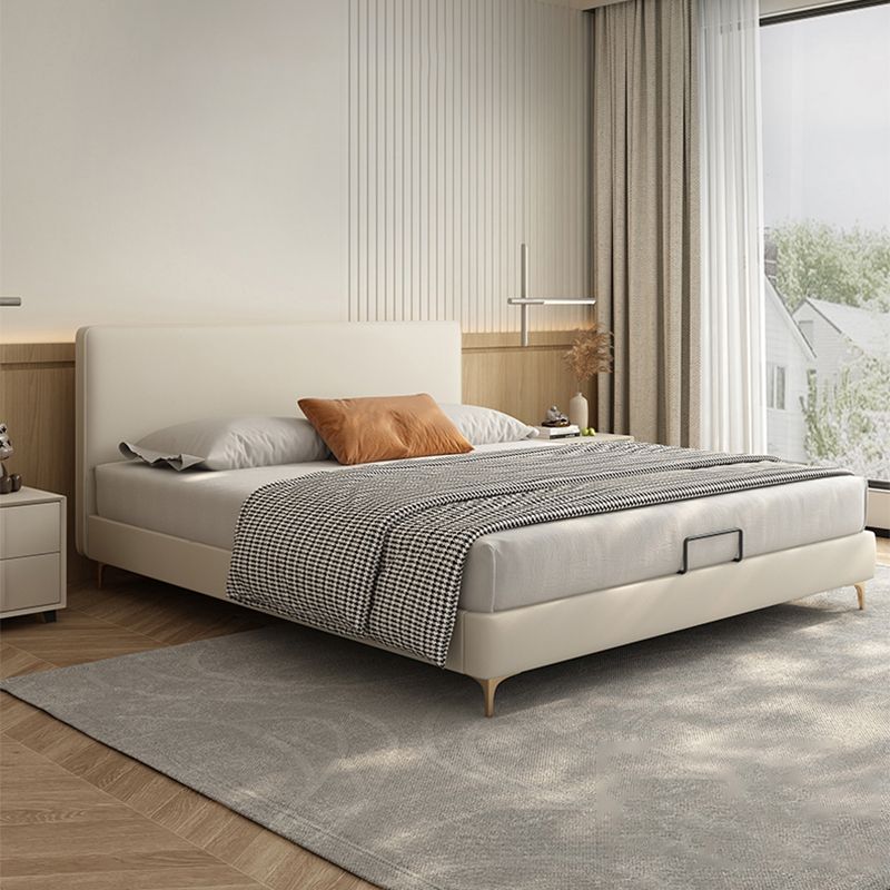 Letto standard in legno e imbottito con letto a pannello in testiera in beige