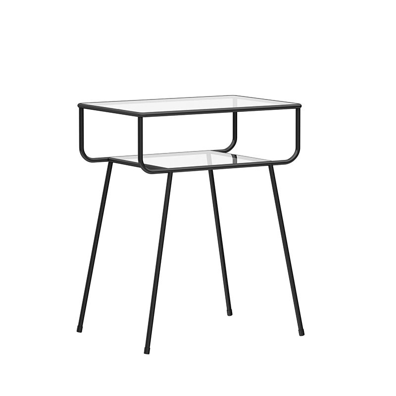 Mesa lateral contemporánea vidrio 4 patas con mesa final de doble nivel rectangular de almacenamiento
