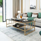 Glam Rectangle Coffee Table with Golden Sled Base and Storage Shelf Clearhalo 'Coffee & Accent Tables' 'Coffee Tables' 'coffee_tables' 'furn' 'furn_coffee_tables' 'Furniture' 'Living Room Furniture' 1200x1200_d961ffd2-0321-4a21-91a7-1e9a439c113e