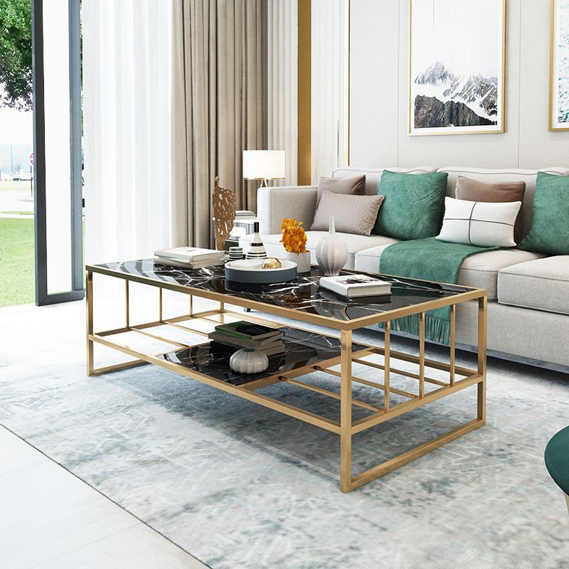Glam Rectangle Coffee Table with Golden Sled Base and Storage Shelf Clearhalo 'Coffee & Accent Tables' 'Coffee Tables' 'coffee_tables' 'furn' 'furn_coffee_tables' 'Furniture' 'Living Room Furniture' 1200x1200_d961ffd2-0321-4a21-91a7-1e9a439c113e