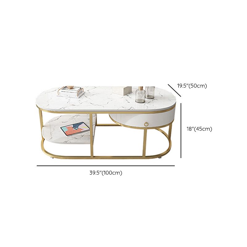 Glam Style Cocktail Table with Shelf and Drawer Stone Ova Top Coffee Table Clearhalo 'Coffee & Accent Tables' 'Coffee Tables' 'coffee_tables' 'furn' 'furn_coffee_tables' 'Furniture' 'Living Room Furniture' 1200x1200_d96d7517-96b4-4090-8f24-cf71dd5e1c11