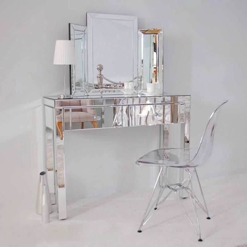 Glass Vanity Set with Tri-Fold 13.77" Wide Make-up Vanity with 2 Storage Drawers Clearhalo 'Bedroom Furniture' 'furn' 'furn_makeup_vanities' 'Furniture' 'Makeup Vanities' 'makeup_vanities' 1200x1200_d9a3d628-f7ae-45d2-b45e-5d16035a4661