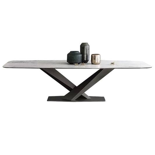 Industrial Sintered Stone Top Table Dining Table Rectangle Table with Metal Pedestal