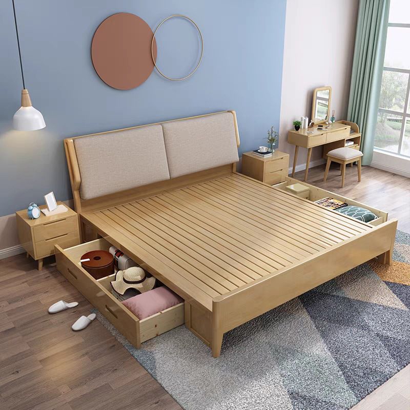 Cama estándar de madera maciza contemporánea, cama de cabecera tapizada rectangular