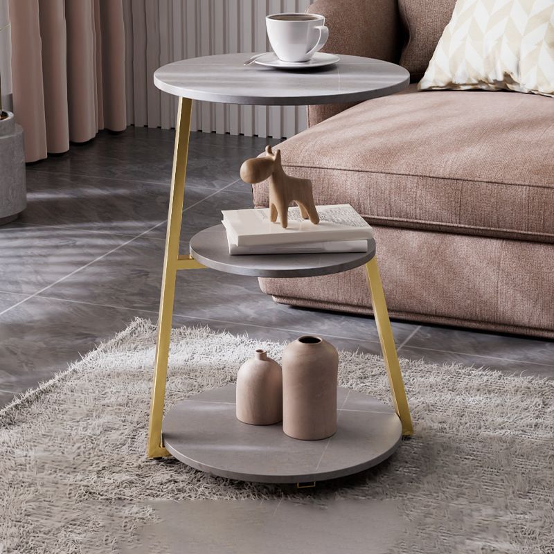 Glam Metal Side Table with Shelves Round Stone Top Accent Side Table