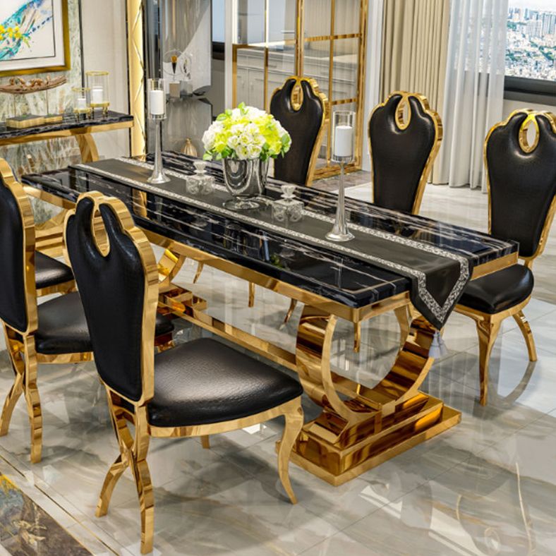 Stainless Steel Traditional Luxury Rectangle Table Marble Top Table with Trestle Base Clearhalo 'Dining Tables & Seating' 'Dining Tables' 'dining_table' 'furn' 'furn_dining_table' 'Furniture' 'Kitchen & Dining Furniture' 1200x1200_da2fff07-5f56-407d-9498-4da103a07754