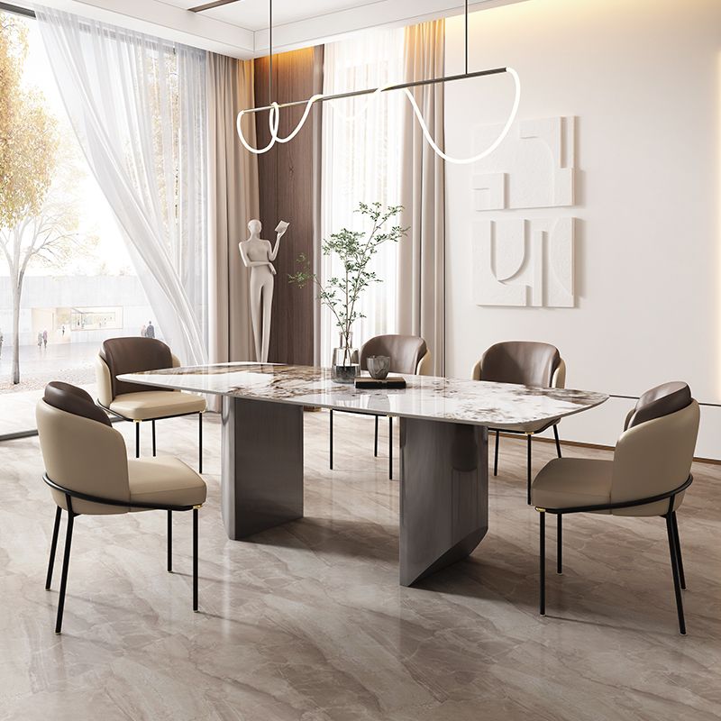 Juego de comedor de piedra sinterizada, mesa rectangular moderna y sillas tapizadas