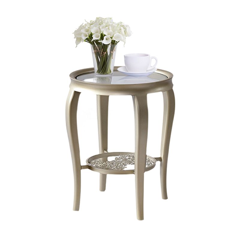 Table d'appoint en verre rond de 25,6 "de haut en bois à 4 jambes table de bout avec étagère
