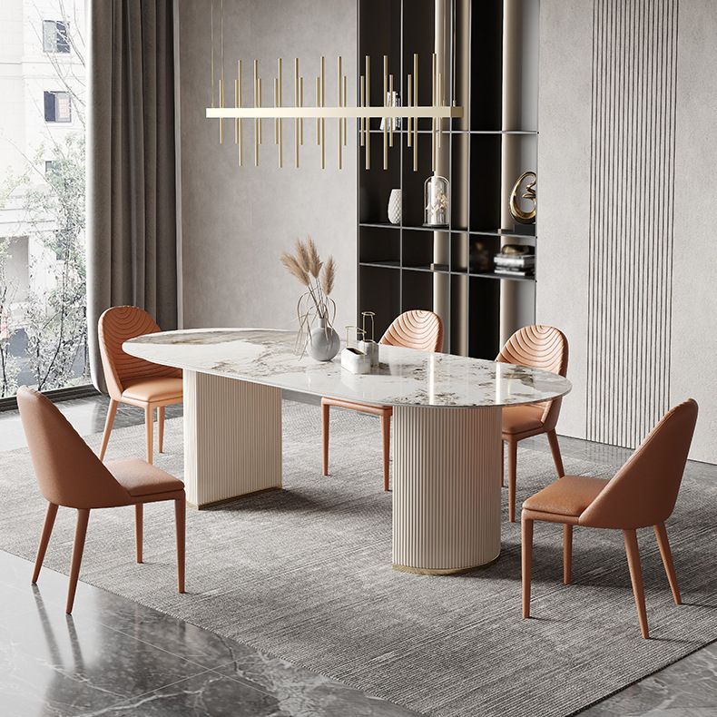 Oval Dining Table Traditional Luxury Stone Dining Table with Double Pedestal Clearhalo 'Dining Tables & Seating' 'Dining Tables' 'dining_table' 'furn' 'furn_dining_table' 'Furniture' 'Kitchen & Dining Furniture' 1200x1200_da6f1e21-c090-41c4-892b-507ce00d8f86