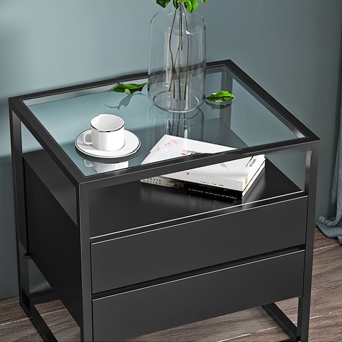 21 ''背の高いモダンなアクセントテーブルナイトスタンドグラストップ2ドロワーアイアンベッドサイドキャビネット