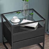 21 ''背の高いモダンなアクセントテーブルナイトスタンドグラストップ2ドロワーアイアンベッドサイドキャビネット