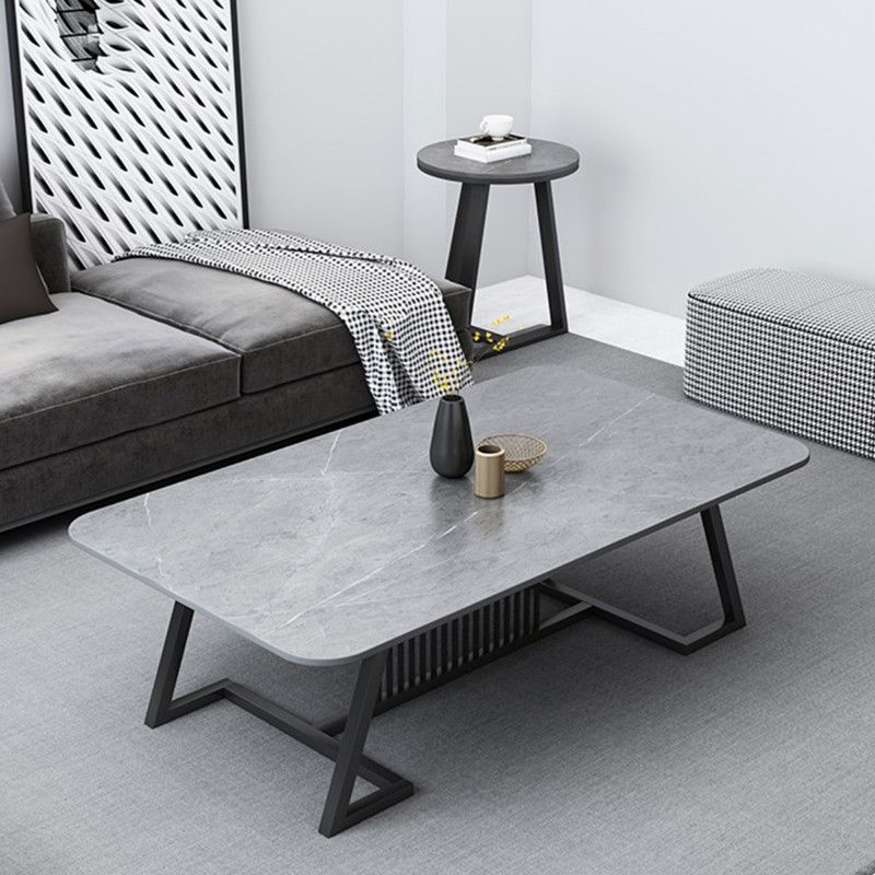 Rectangle Stone Top Coffee Table with Black Metal Trestle Base Clearhalo 'Coffee & Accent Tables' 'Coffee Tables' 'coffee_tables' 'furn' 'furn_coffee_tables' 'Furniture' 'Living Room Furniture' 1200x1200_da75c775-d542-4279-81af-1dac2b688811