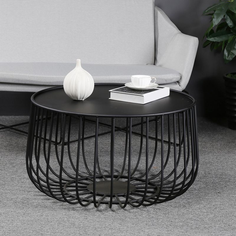 Mid-Century Modern Coffee Table with Iron Top Round Cocktail Table