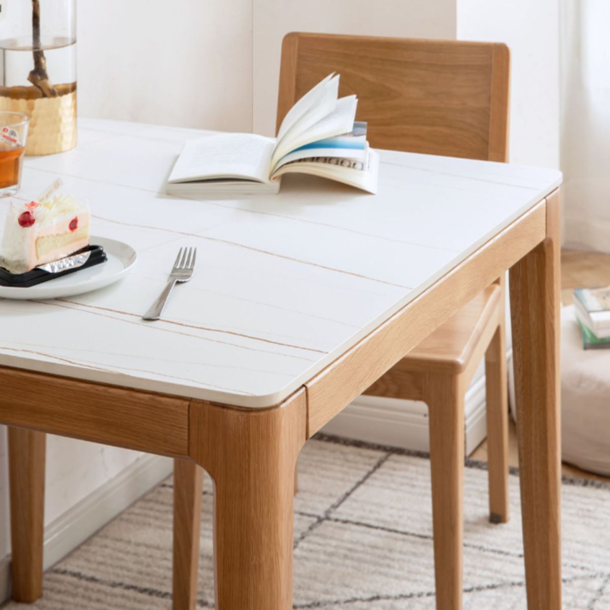 Modern Square White Stone Tabletop Dining Table with 4 Oak Legs Clearhalo 'Dining Tables & Seating' 'Dining Tables' 'dining_table' 'furn' 'furn_dining_table' 'Furniture' 'Kitchen & Dining Furniture' 1200x1200_da983a5e-722c-4411-a77e-f9d6b672a55b