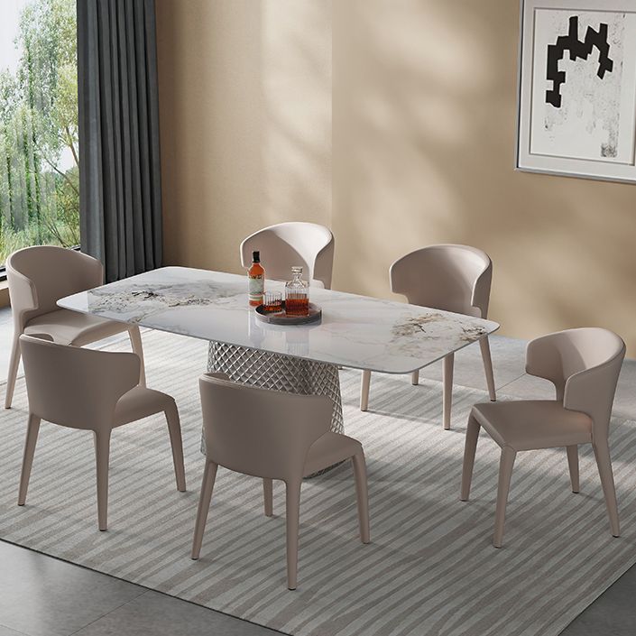 Modern White Rectangular Stone Top Dining Table with Silver Pedestal Clearhalo 'Dining Tables & Seating' 'Dining Tables' 'dining_table' 'furn' 'furn_dining_table' 'Furniture' 'Kitchen & Dining Furniture' 1200x1200_daca2f14-b340-4f1e-bfcb-c9e062b696bb