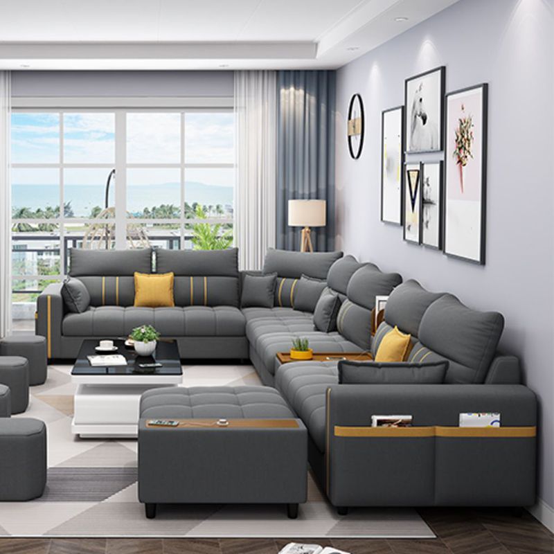 Square Arm Cotton Blend and Faux Leather Sectionals Sofas with Storage Clearhalo 'furn' 'furn_sectionals' 'Furniture' 'furniture_sectionals' 'kitchen' 'kitchen_sectionals' 'Living Room Furniture' 'Sectionals' 1200x1200_dad1508d-8015-4bbc-ba89-1c793c4797df