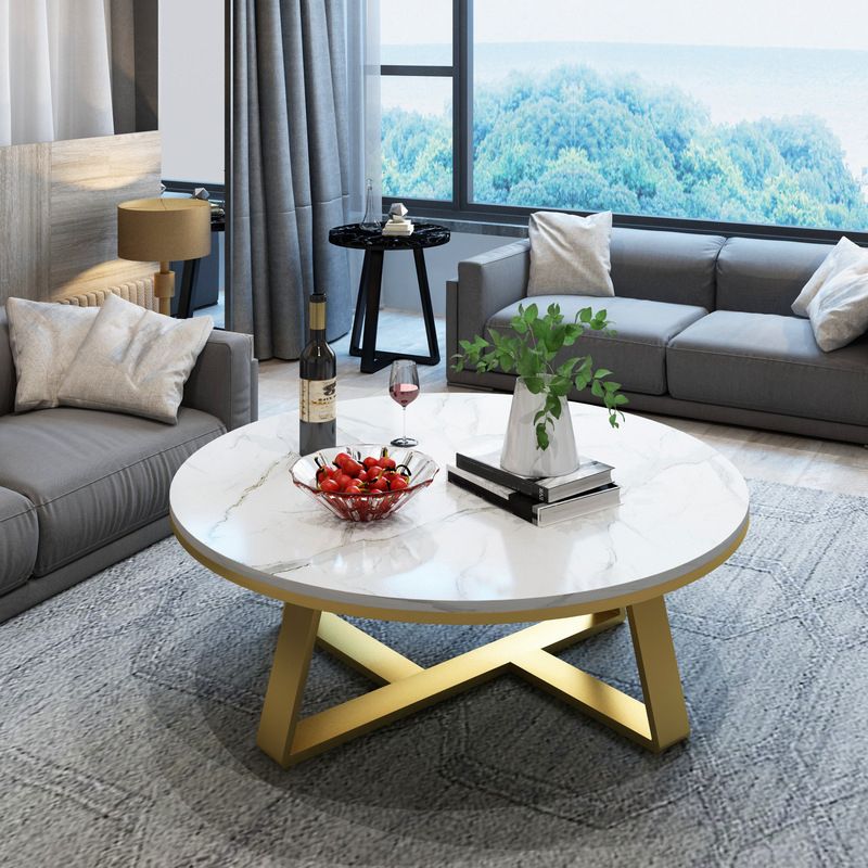 Modern Round Marble Coffee Table Metal Cross Legs Coffee Table Clearhalo 'Coffee & Accent Tables' 'Coffee Tables' 'coffee_tables' 'furn' 'furn_coffee_tables' 'Furniture' 'furniture_coffee_tables' 'Living Room Furniture' 1200x1200_dad47722-a6ff-43fe-99cb-1617414277fb