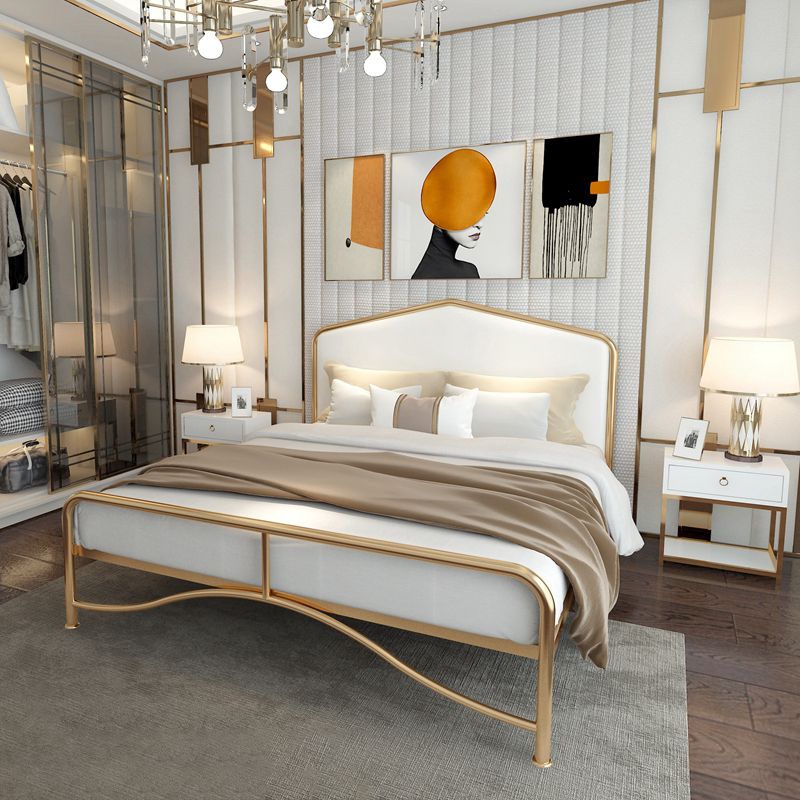 Glam Panel Bed with Camelback Headboard, Metal and Upholstered Bed Frame Clearhalo 'Bedroom Furniture' 'Beds' 'furn' 'furn_beds' 'Furniture' 1200x1200_dad68ffa-7feb-47c2-8c3a-f1dc905aa941