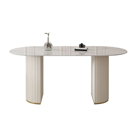 White Tone Dining Table Sintered Stone Table Luxury Style with Double Pedestal Base