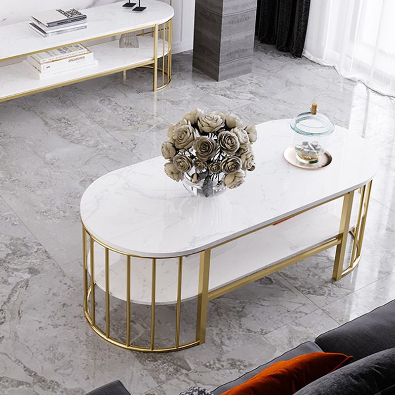 Glam Style Oval Coffee Table with Marble Top and 1 Shelf in White Clearhalo 'Coffee & Accent Tables' 'Coffee Tables' 'coffee_tables' 'furn' 'furn_coffee_tables' 'Furniture' 'Living Room Furniture' 1200x1200_dadfb1bd-fff9-4c36-9ac8-ce9743f5000f