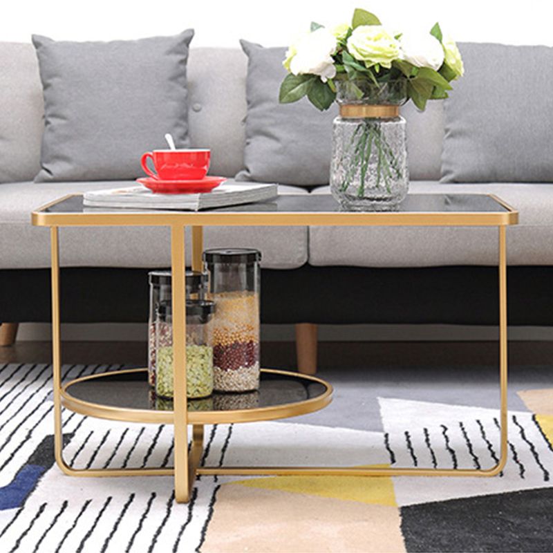 Contemporary Rectangle Glass Top Coffee Table with Shelf and Cross Legs