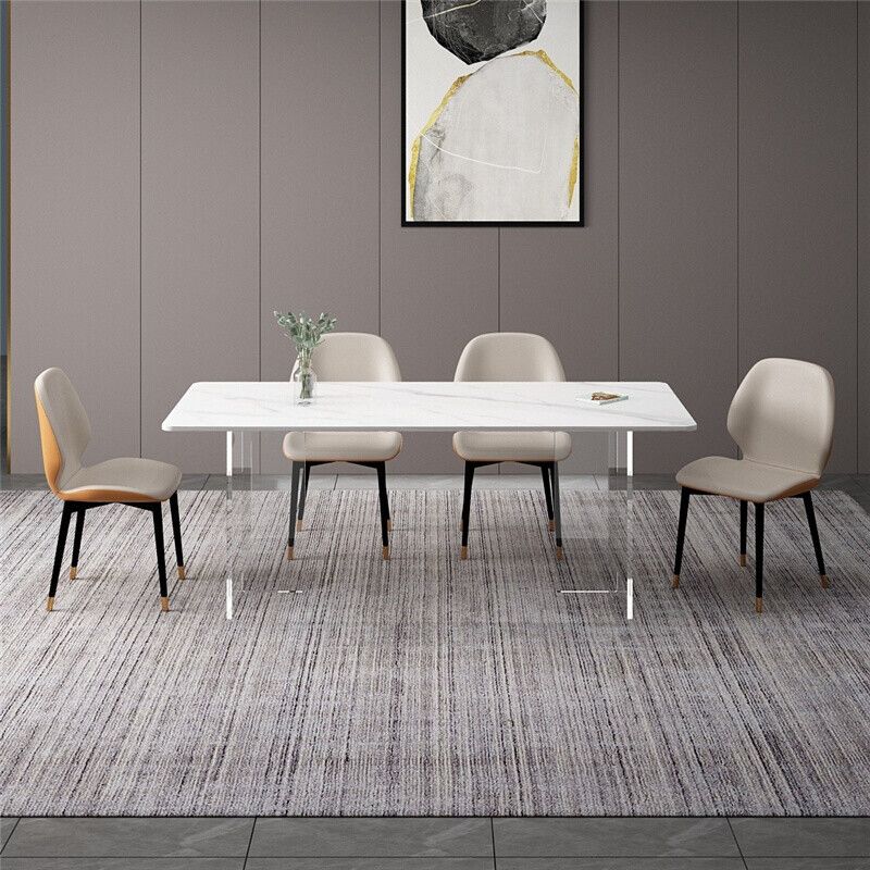 Mesa de comedor de piedra sinterizada moderna mesa de doble pedestal con base acrílica para el hogar