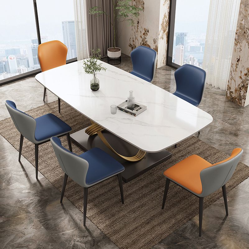 Mesa rectangular de piedra sinterizada de estilo industrial con patas de metal para uso doméstico